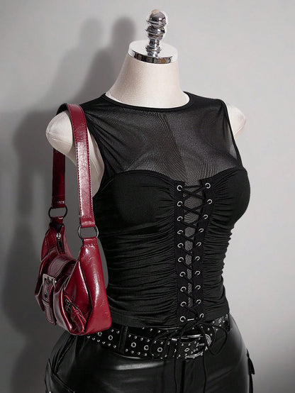 ICON Plus Size Retro Y2K Sexy Mesh Patchwork Tank Top