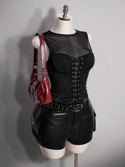 ICON Plus Size Retro Y2K Sexy Mesh Patchwork Tank Top