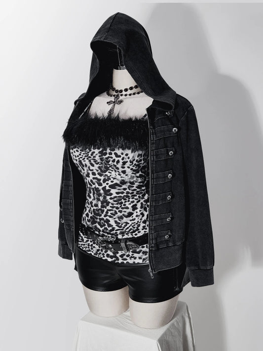 ICON Plus Size Vintage Y2K Leopard Print Patchwork Black Faux Fur Camisole