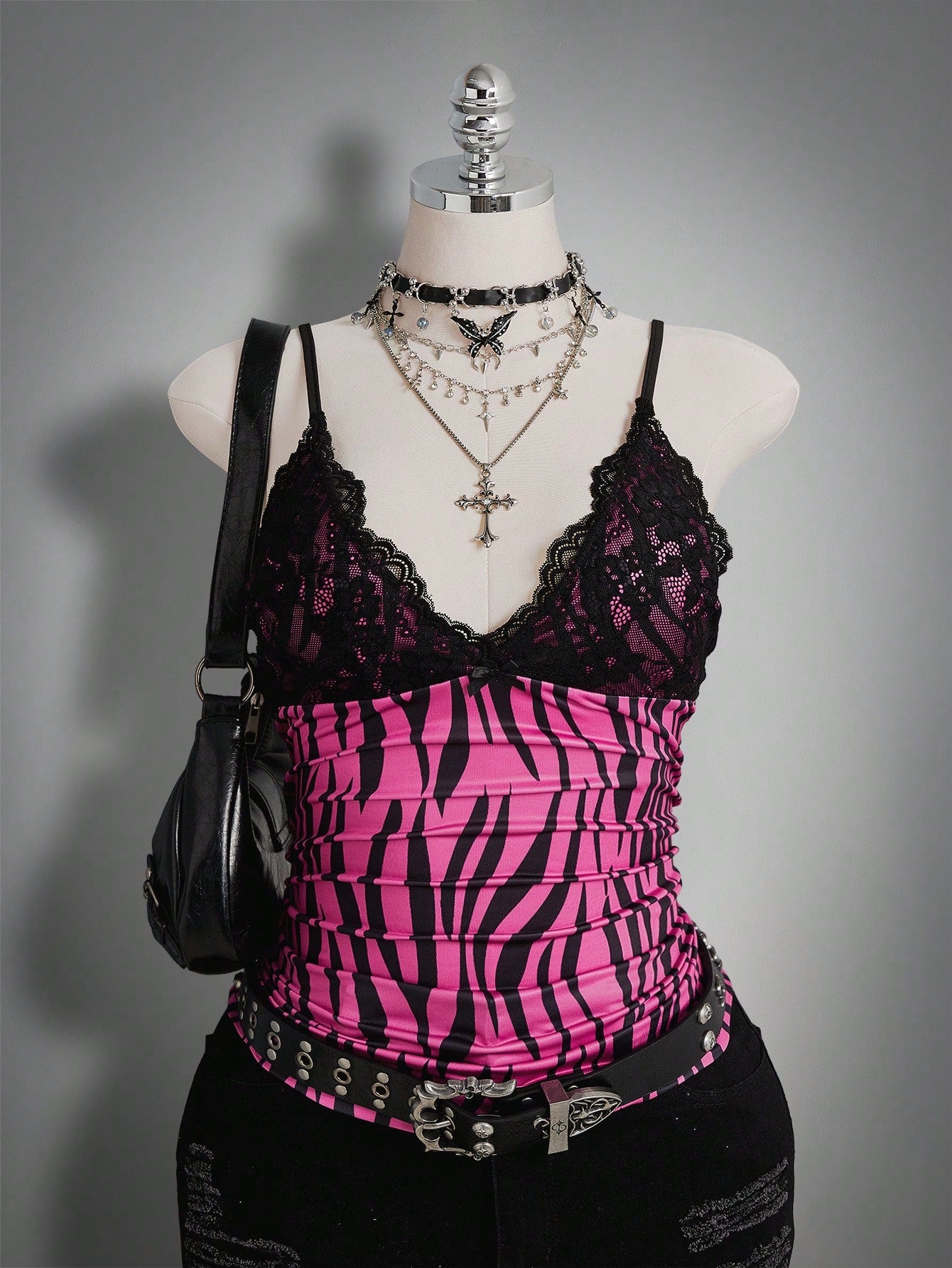 ICON Plus Size Women Lace Patchwork Ruffle Bow Decor Printed Tank Top, Hip Hop Style