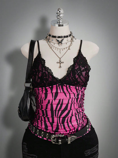 ICON Plus Size Women Lace Patchwork Ruffle Bow Decor Printed Tank Top, Hip Hop Style