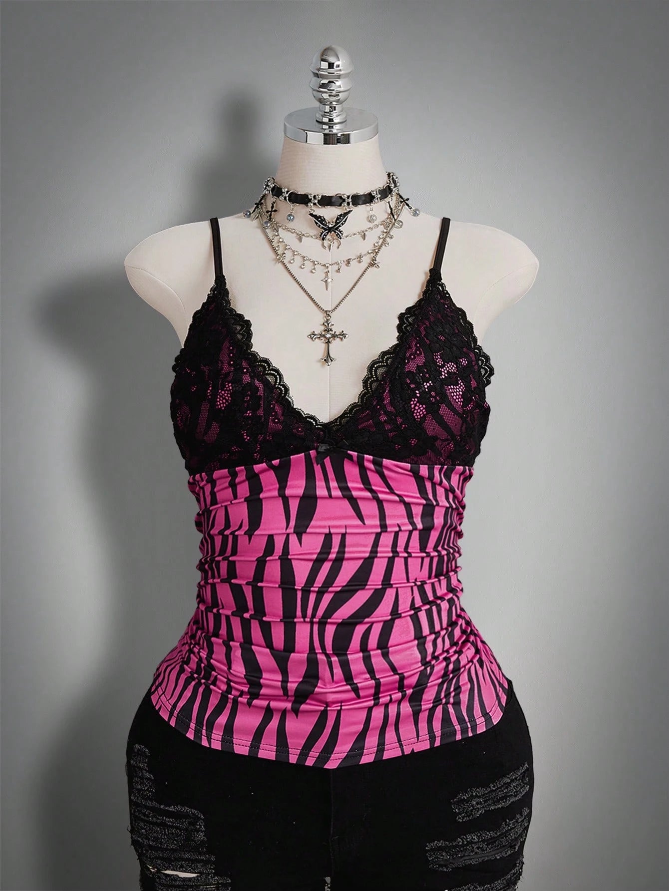 ICON Plus Size Women Lace Patchwork Ruffle Bow Decor Printed Tank Top, Hip Hop Style
