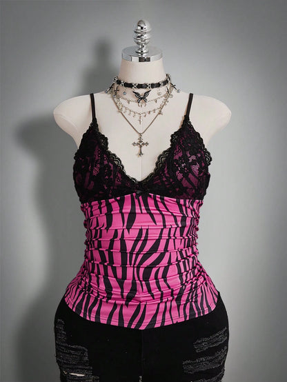 ICON Plus Size Women Lace Patchwork Ruffle Bow Decor Printed Tank Top, Hip Hop Style