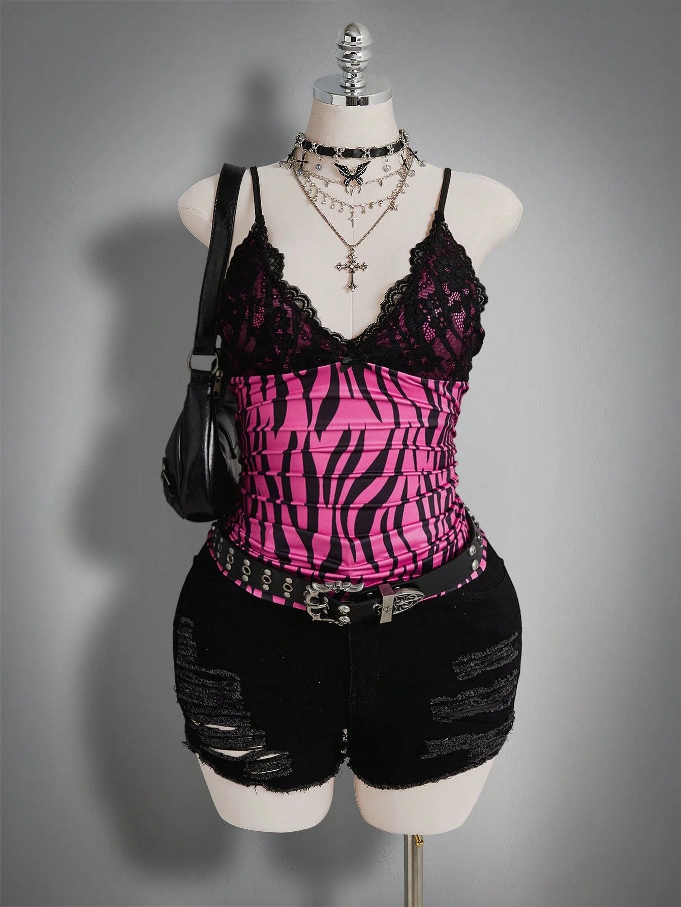 ICON Plus Size Women Lace Patchwork Ruffle Bow Decor Printed Tank Top, Hip Hop Style