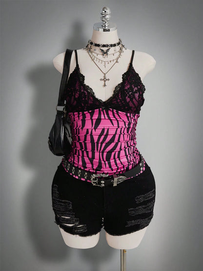 ICON Plus Size Women Lace Patchwork Ruffle Bow Decor Printed Tank Top, Hip Hop Style