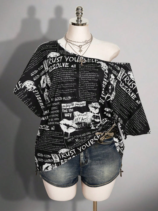 ICON Plus Size Women's Letter Print Contrast Color Asymmetrical Shoulder Sexy Cowboy 90s Grunge T-Shirt Going Out Office Holiday Black And White Summer