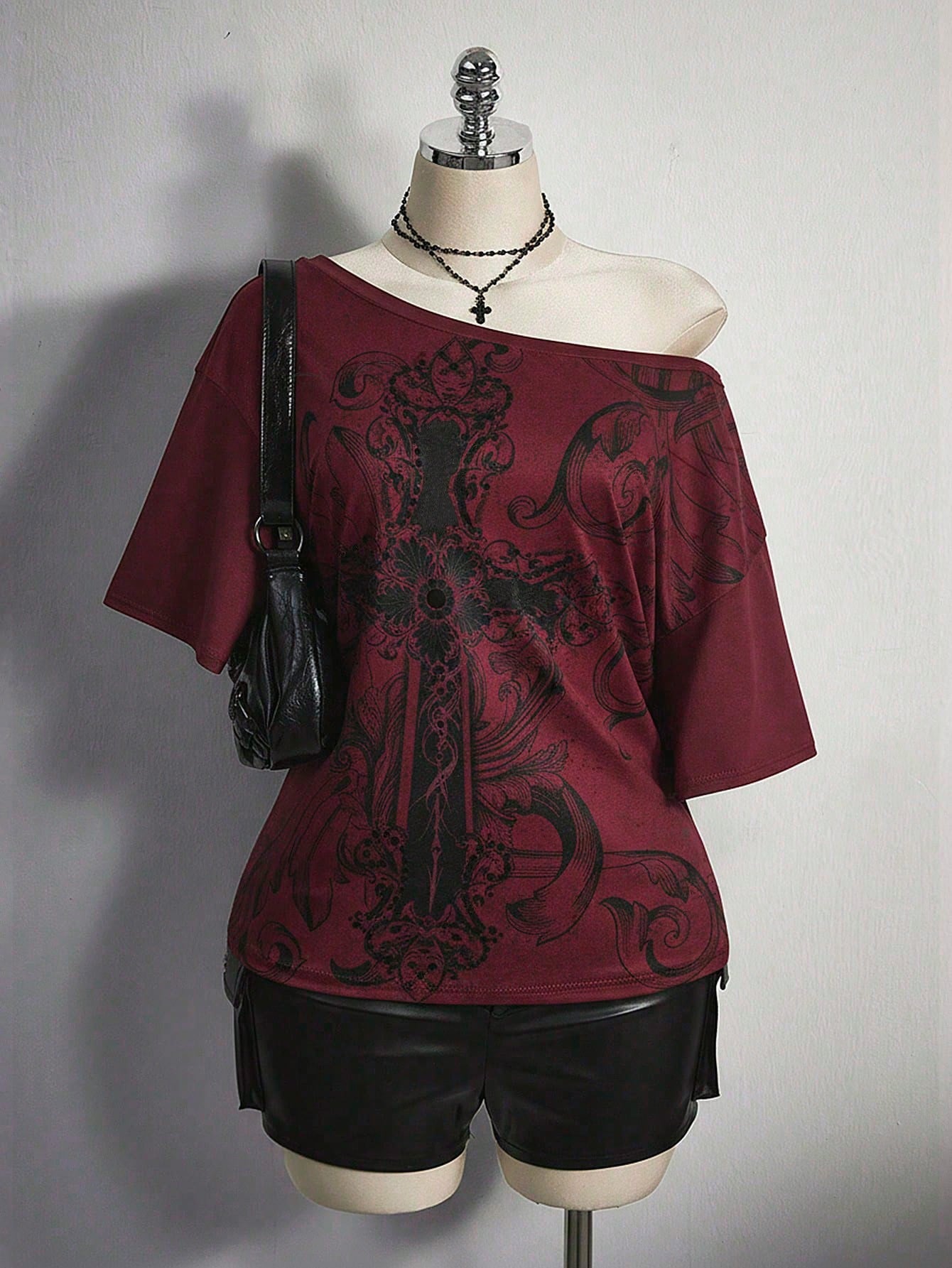 ICON Plus Size Women's Y2K Vintage Grunge Cross Print Loose Fit Oblique Shoulder Casual T-Shirt