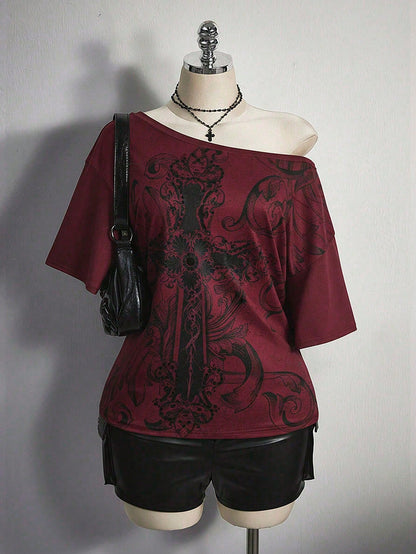 ICON Plus Size Women's Y2K Vintage Grunge Cross Print Loose Fit Oblique Shoulder Casual T-Shirt