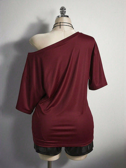 ICON Plus Size Women's Y2K Vintage Grunge Cross Print Loose Fit Oblique Shoulder Casual T-Shirt
