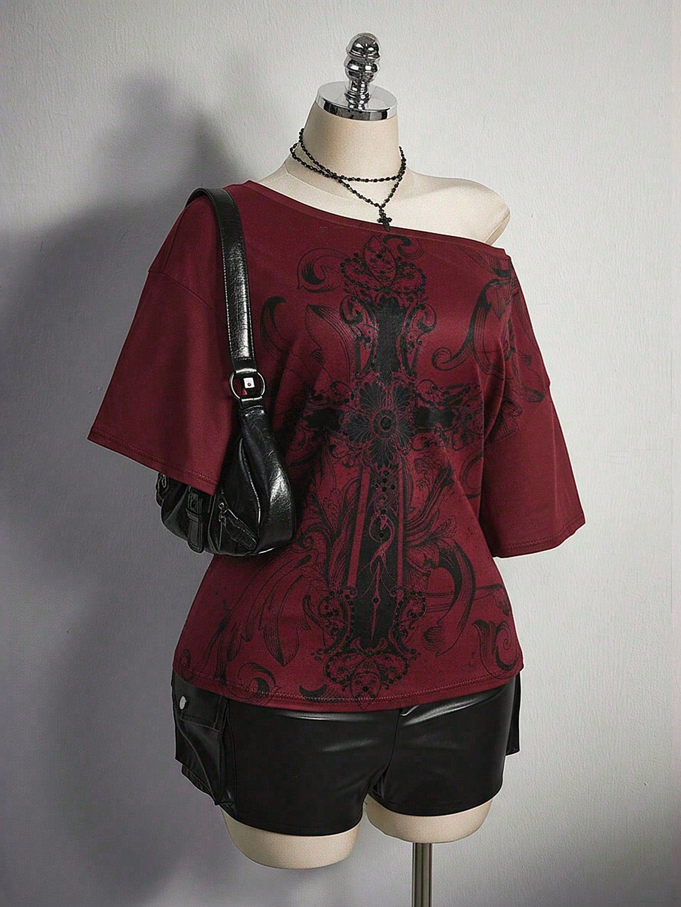 ICON Plus Size Women's Y2K Vintage Grunge Cross Print Loose Fit Oblique Shoulder Casual T-Shirt