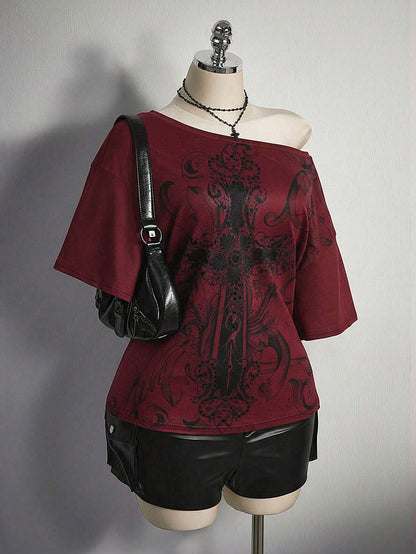 ICON Plus Size Women's Y2K Vintage Grunge Cross Print Loose Fit Oblique Shoulder Casual T-Shirt