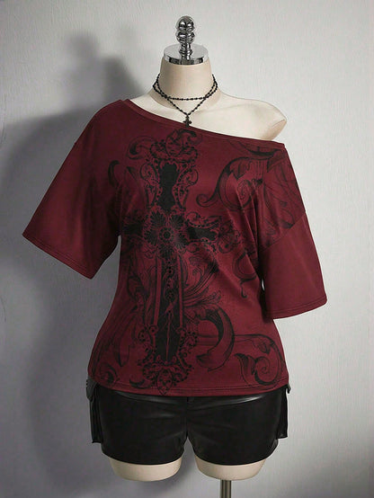 ICON Plus Size Women's Y2K Vintage Grunge Cross Print Loose Fit Oblique Shoulder Casual T-Shirt