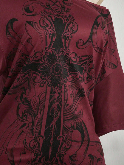 ICON Plus Size Women's Y2K Vintage Grunge Cross Print Loose Fit Oblique Shoulder Casual T-Shirt