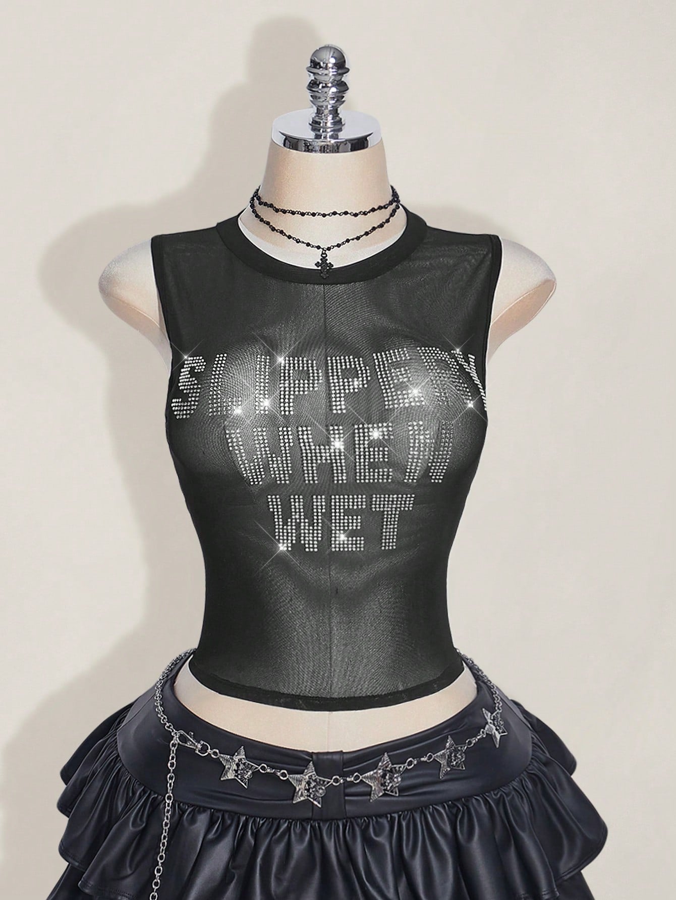 ICON Plus Size Y2k Summer Black Mesh Sheer Sexy Rhinestone Glitter Women's Rhinestone Letter Mesh Backless Tight Camisole Date Night Cocktail Party