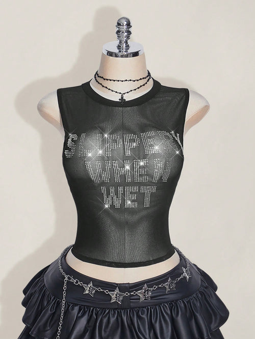 ICON Plus Size Y2k Summer Black Mesh Sheer Sexy Rhinestone Glitter Women's Rhinestone Letter Mesh Backless Tight Camisole Date Night Cocktail Party