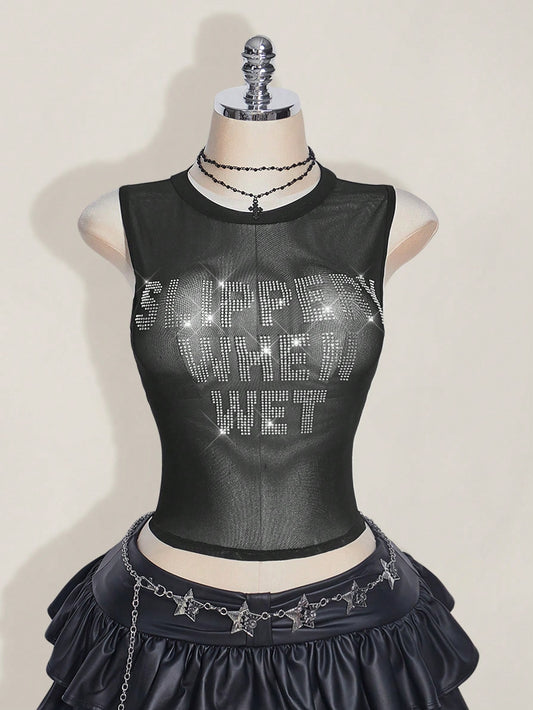 ICON Plus Size Y2k Summer Black Mesh Sheer Sexy Rhinestone Glitter Women's Rhinestone Letter Mesh Backless Tight Camisole Date Night Cocktail Party