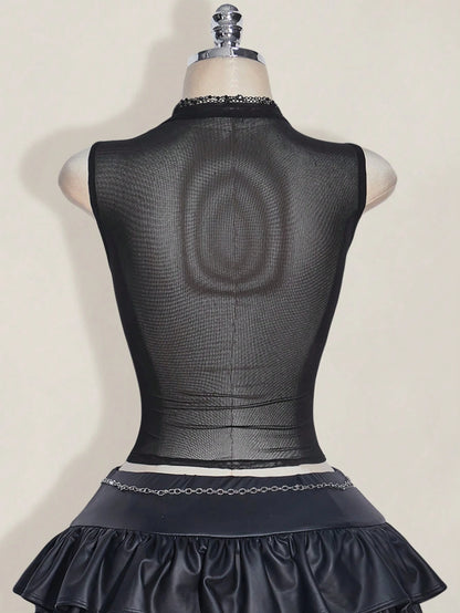 ICON Plus Size Y2k Summer Black Mesh Sheer Sexy Rhinestone Glitter Women's Rhinestone Letter Mesh Backless Tight Camisole Date Night Cocktail Party