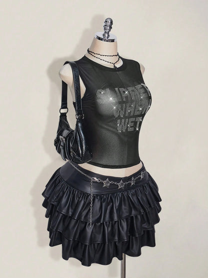 ICON Plus Size Y2k Summer Black Mesh Sheer Sexy Rhinestone Glitter Women's Rhinestone Letter Mesh Backless Tight Camisole Date Night Cocktail Party