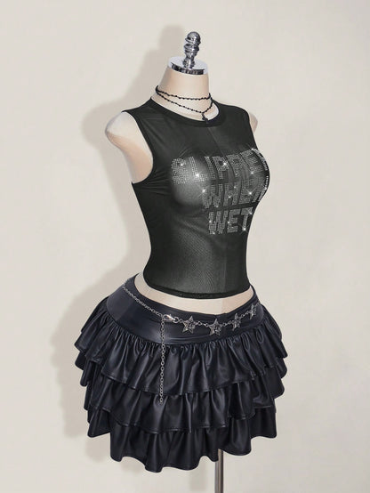 ICON Plus Size Y2k Summer Black Mesh Sheer Sexy Rhinestone Glitter Women's Rhinestone Letter Mesh Backless Tight Camisole Date Night Cocktail Party