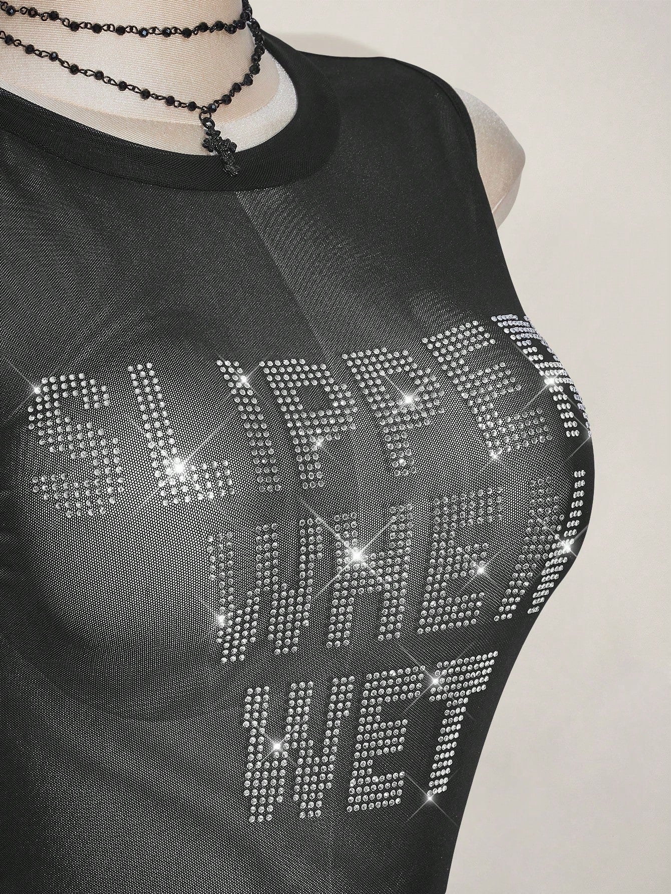 ICON Plus Size Y2k Summer Black Mesh Sheer Sexy Rhinestone Glitter Women's Rhinestone Letter Mesh Backless Tight Camisole Date Night Cocktail Party