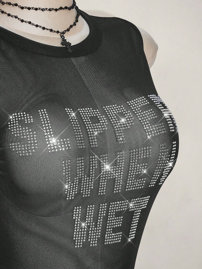 ICON Plus Size Y2k Summer Black Mesh Sheer Sexy Rhinestone Glitter Women's Rhinestone Letter Mesh Backless Tight Camisole Date Night Cocktail Party