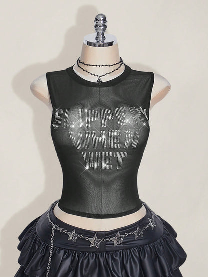 ICON Plus Size Y2k Summer Black Mesh Sheer Sexy Rhinestone Glitter Women's Rhinestone Letter Mesh Backless Tight Camisole Date Night Cocktail Party