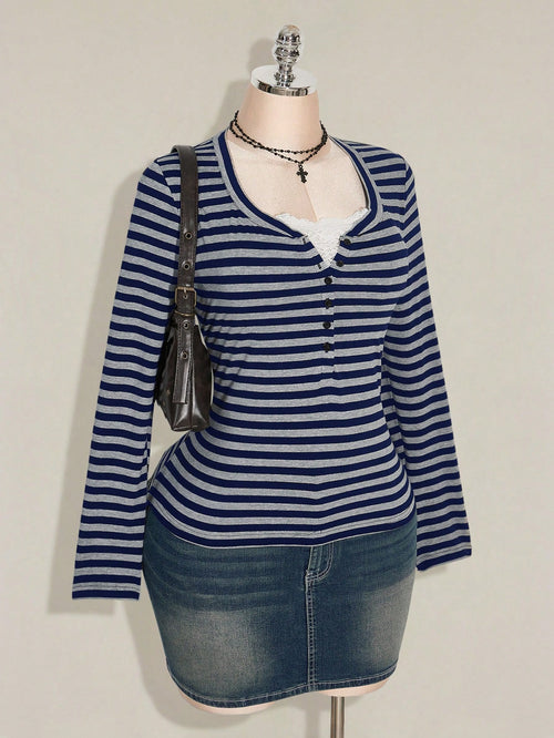 ICON Women's Plus Size Autumn/Winter Contrast Lace Black & Grey Striped Slim Fit T-Shirt Fall