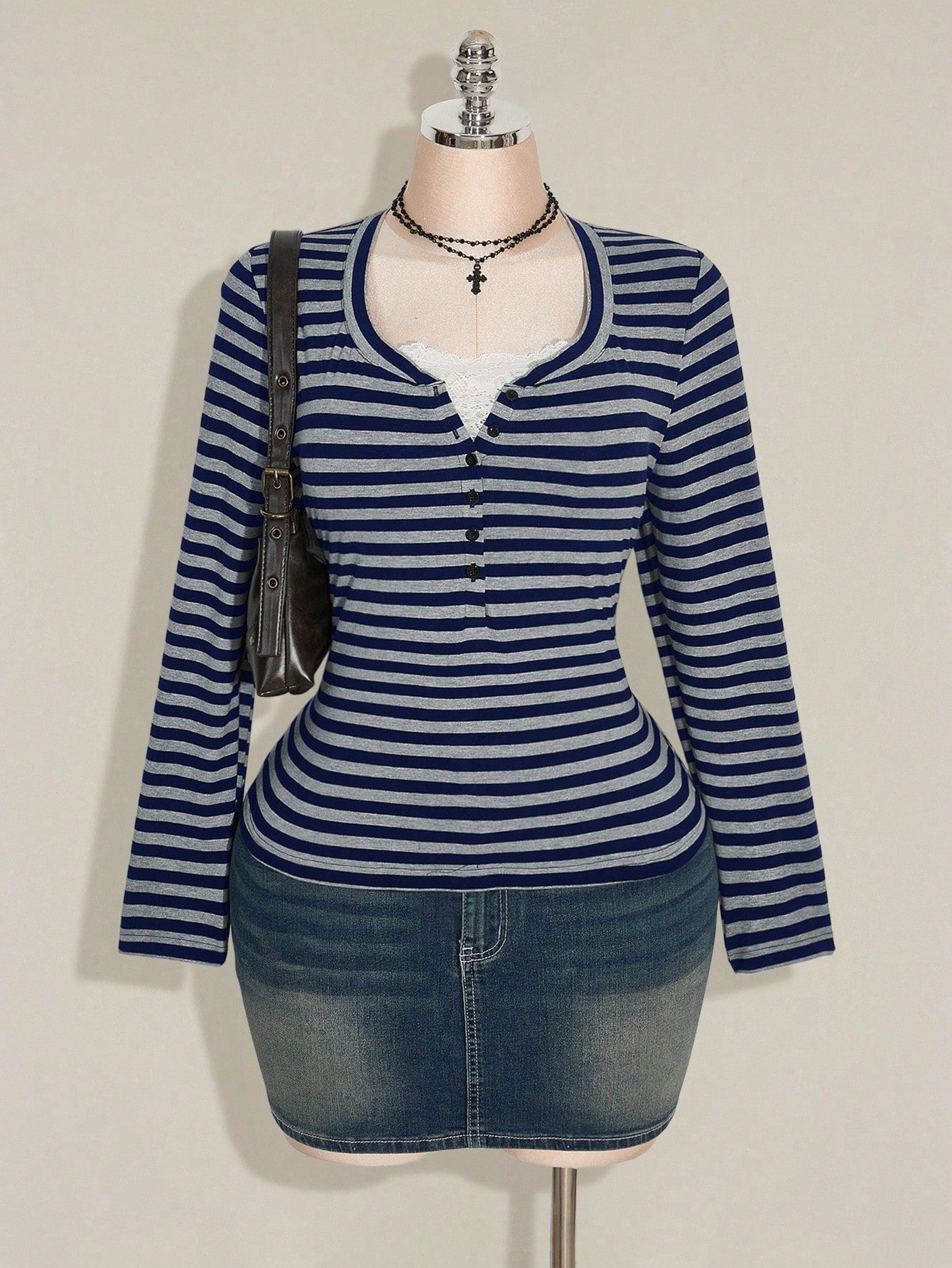 ICON Women's Plus Size Autumn/Winter Contrast Lace Black & Grey Striped Slim Fit T-Shirt Fall