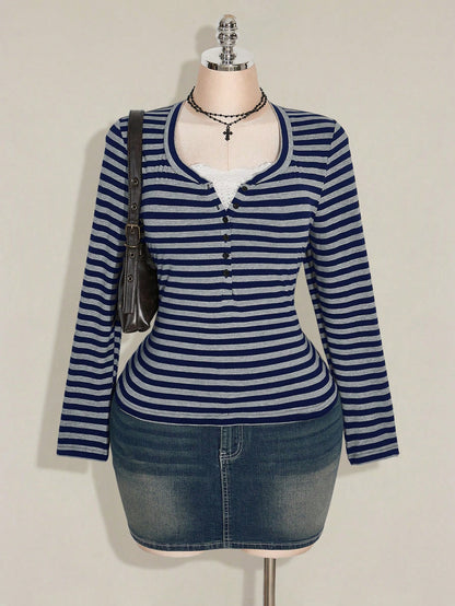 ICON Women's Plus Size Autumn/Winter Contrast Lace Black & Grey Striped Slim Fit T-Shirt Fall