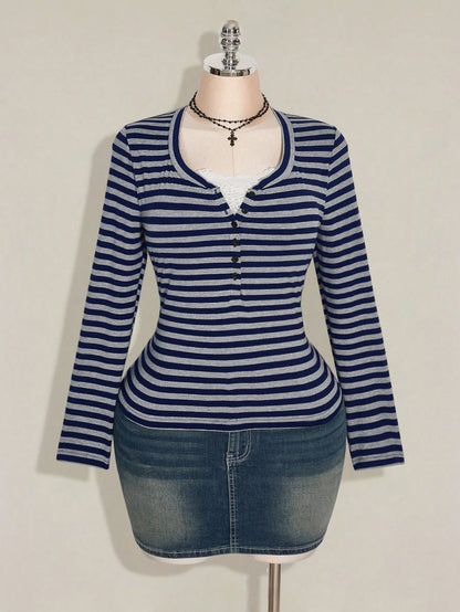 ICON Women's Plus Size Autumn/Winter Contrast Lace Black & Grey Striped Slim Fit T-Shirt Fall