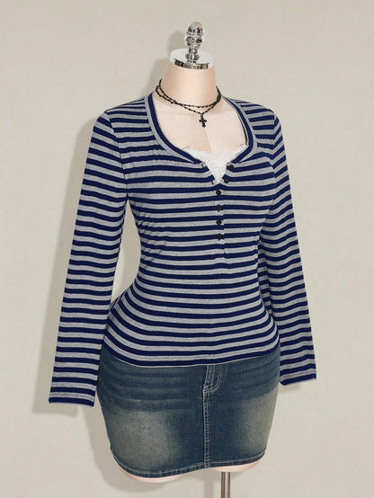 ICON Women's Plus Size Autumn/Winter Contrast Lace Black & Grey Striped Slim Fit T-Shirt Fall