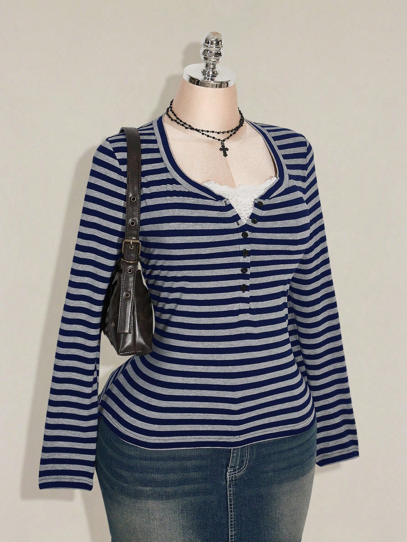 ICON Women's Plus Size Autumn/Winter Contrast Lace Black & Grey Striped Slim Fit T-Shirt Fall