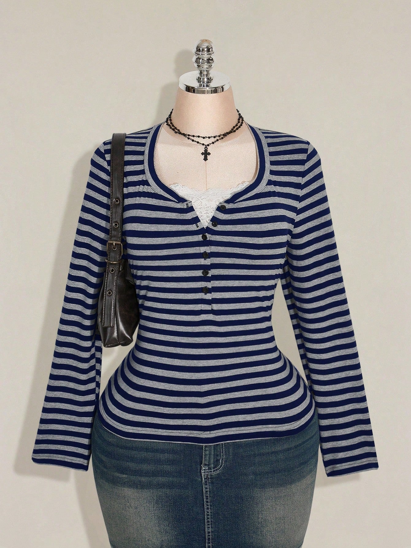 ICON Women's Plus Size Autumn/Winter Contrast Lace Black & Grey Striped Slim Fit T-Shirt Fall