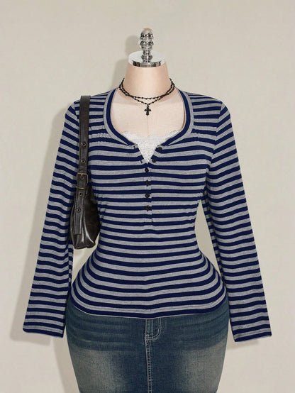 ICON Women's Plus Size Autumn/Winter Contrast Lace Black & Grey Striped Slim Fit T-Shirt Fall