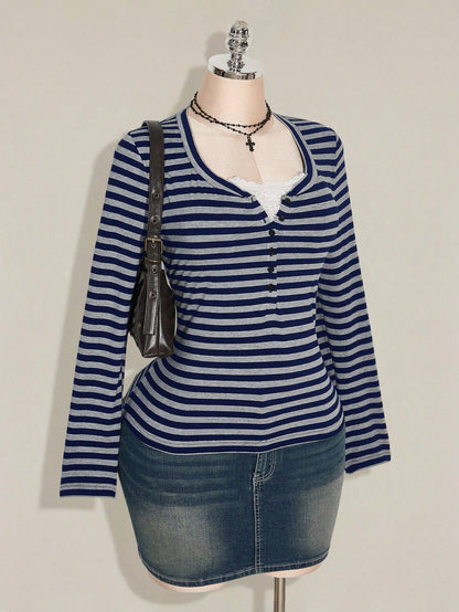 ICON Women's Plus Size Autumn/Winter Contrast Lace Black & Grey Striped Slim Fit T-Shirt Fall