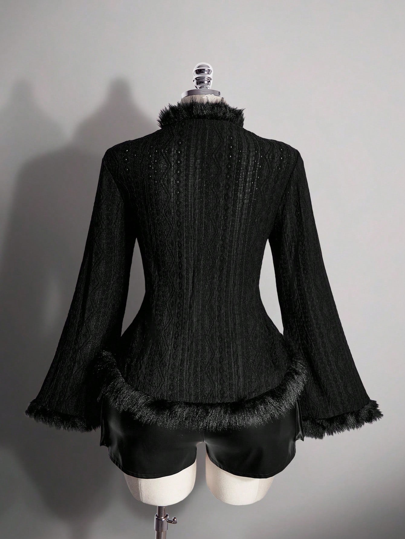 ICON Women's Plus Size Autumn/Winter Retro Sexy Millennial Style Y2K Casual Street Style Fur-Trimmed Black Knitted Jacquard Flared Sleeve V-Neck Top Fall