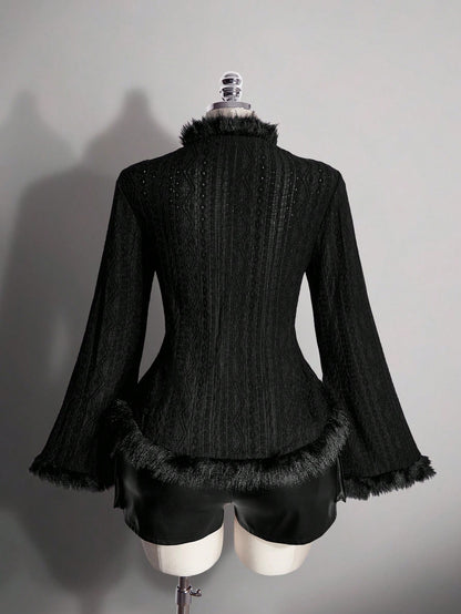 ICON Women's Plus Size Autumn/Winter Retro Sexy Millennial Style Y2K Casual Street Style Fur-Trimmed Black Knitted Jacquard Flared Sleeve V-Neck Top Fall