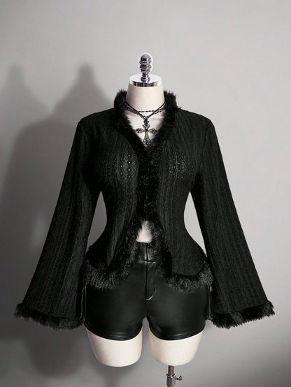 ICON Women's Plus Size Autumn/Winter Retro Sexy Millennial Style Y2K Casual Street Style Fur-Trimmed Black Knitted Jacquard Flared Sleeve V-Neck Top Fall