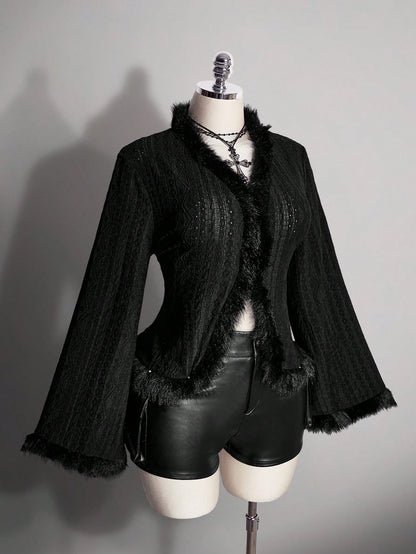 ICON Women's Plus Size Autumn/Winter Retro Sexy Millennial Style Y2K Casual Street Style Fur-Trimmed Black Knitted Jacquard Flared Sleeve V-Neck Top Fall