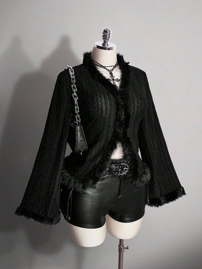 ICON Women's Plus Size Autumn/Winter Retro Sexy Millennial Style Y2K Casual Street Style Fur-Trimmed Black Knitted Jacquard Flared Sleeve V-Neck Top Fall