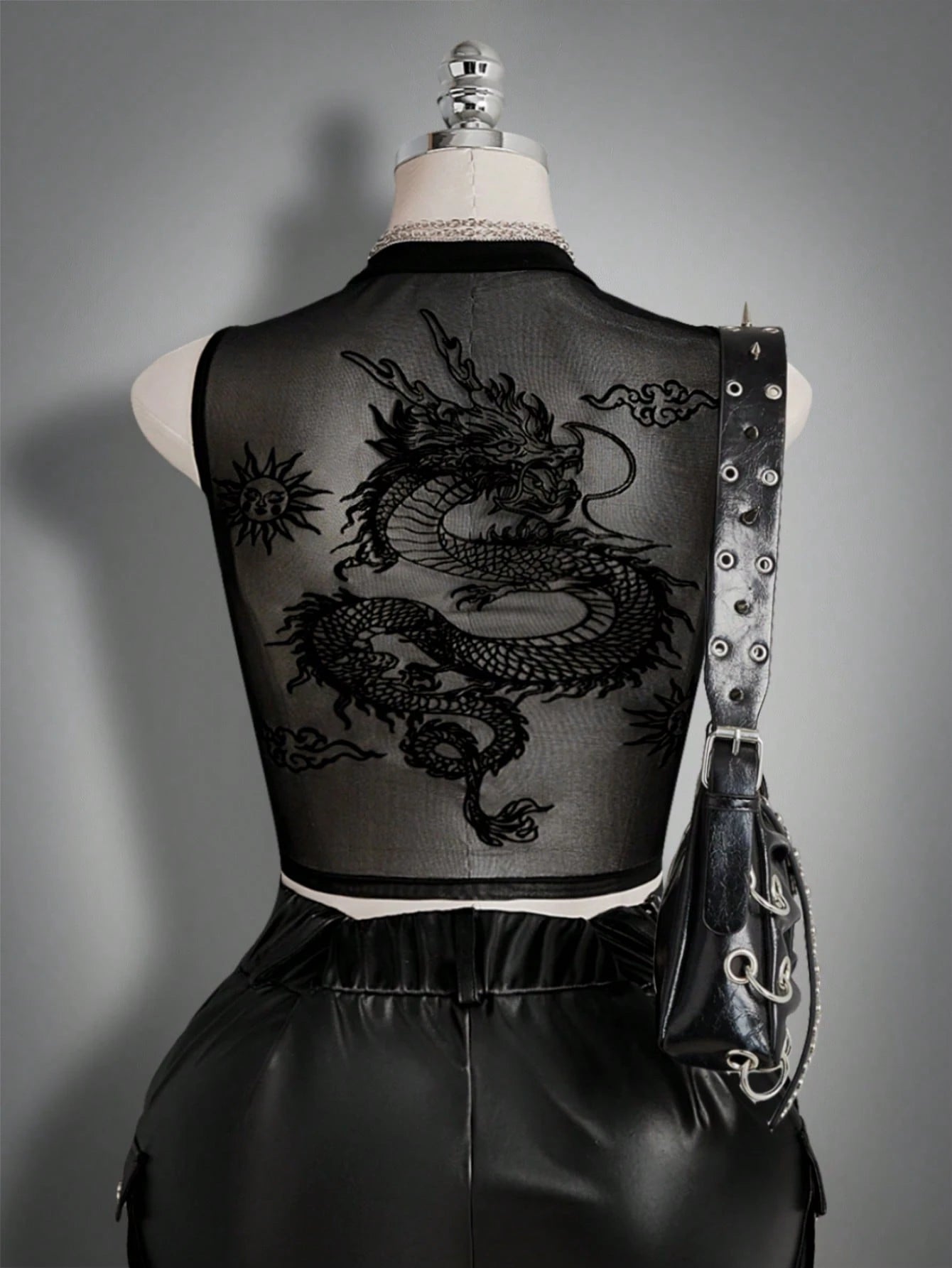 ICON Women's Plus Size Black Summer Goth Night Out Club Dragon Pattern Mesh Patchwork Vest Top,Y2K Retro Dark Gothic Punk Style Urban Modern Fashion