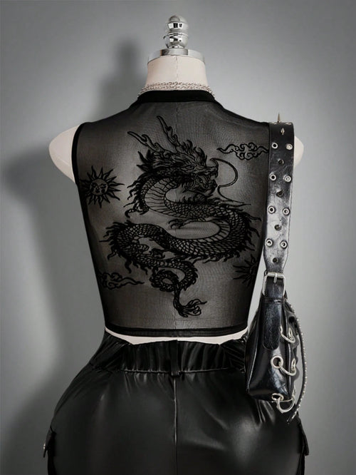 ICON Women's Plus Size Black Summer Goth Night Out Club Dragon Pattern Mesh Patchwork Vest Top,Y2K Retro Dark Gothic Punk Style Urban Modern Fashion