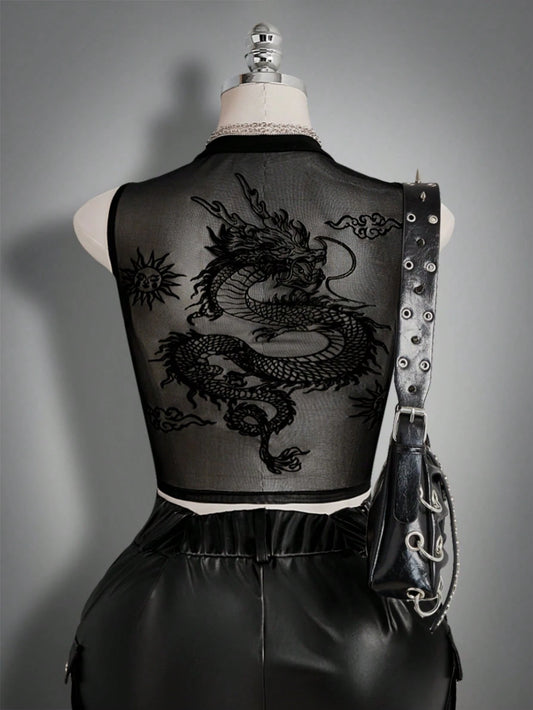 ICON Women's Plus Size Black Summer Goth Night Out Club Dragon Pattern Mesh Patchwork Vest Top,Y2K Retro Dark Gothic Punk Style Urban Modern Fashion