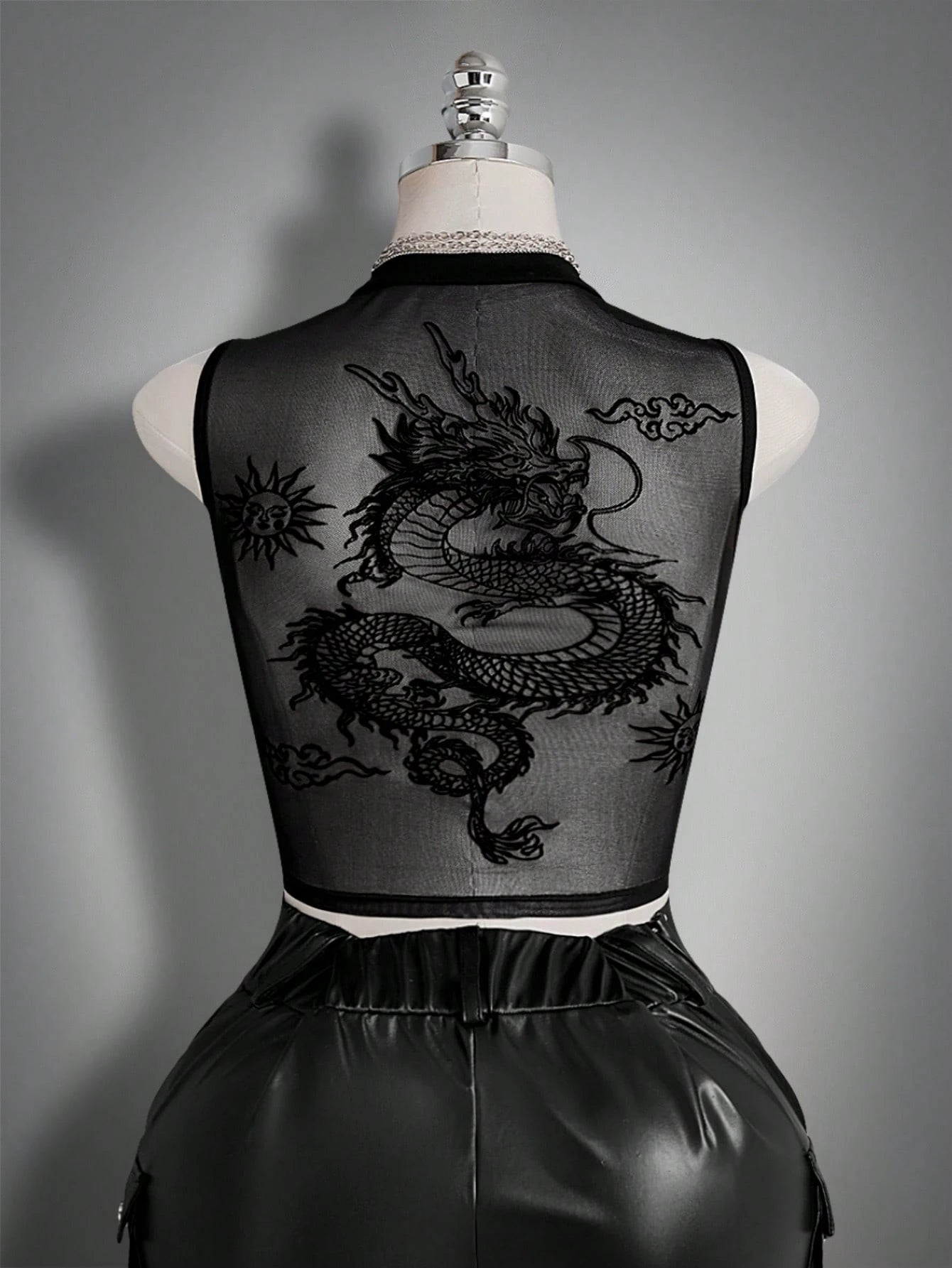 ICON Women's Plus Size Black Summer Goth Night Out Club Dragon Pattern Mesh Patchwork Vest Top,Y2K Retro Dark Gothic Punk Style Urban Modern Fashion