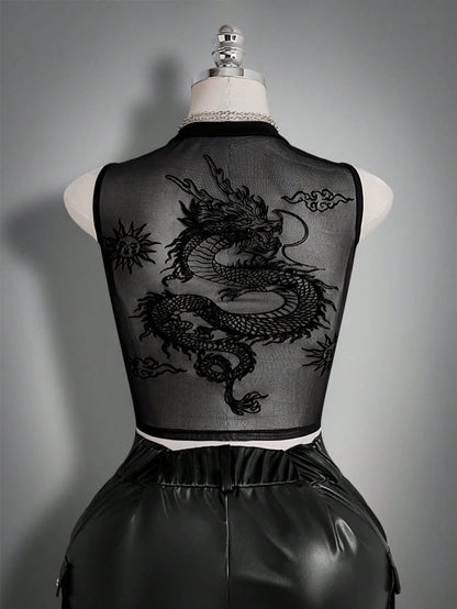 ICON Women's Plus Size Black Summer Goth Night Out Club Dragon Pattern Mesh Patchwork Vest Top,Y2K Retro Dark Gothic Punk Style Urban Modern Fashion