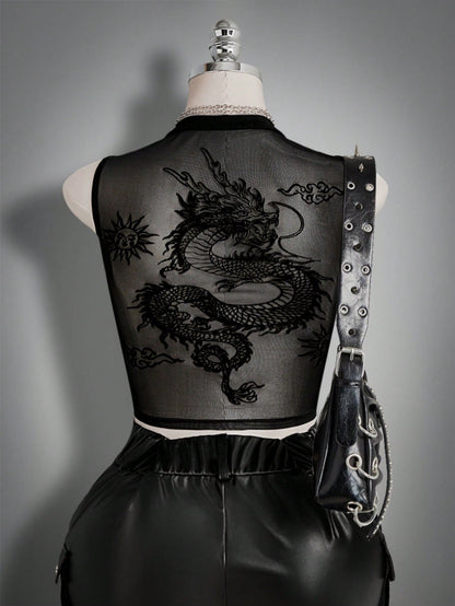 ICON Women's Plus Size Black Summer Goth Night Out Club Dragon Pattern Mesh Patchwork Vest Top,Y2K Retro Dark Gothic Punk Style Urban Modern Fashion