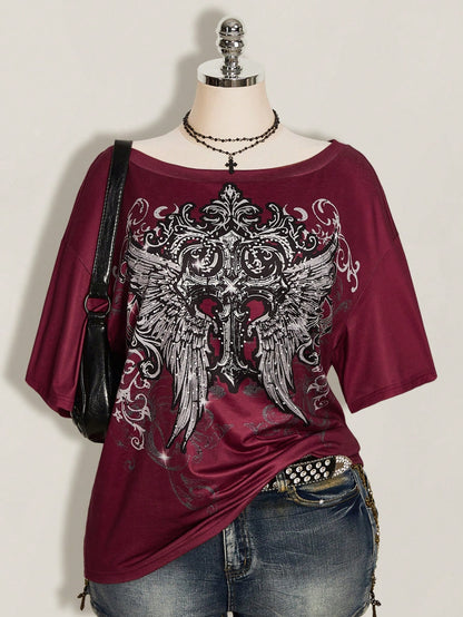 ICON Women's Plus Size Cross Gothic Pattern T-Shirt