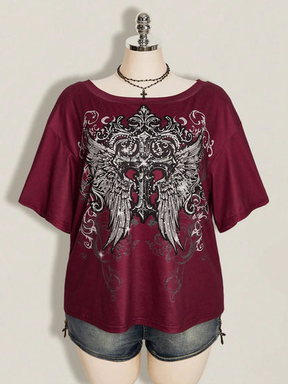 ICON Women's Plus Size Cross Gothic Pattern T-Shirt