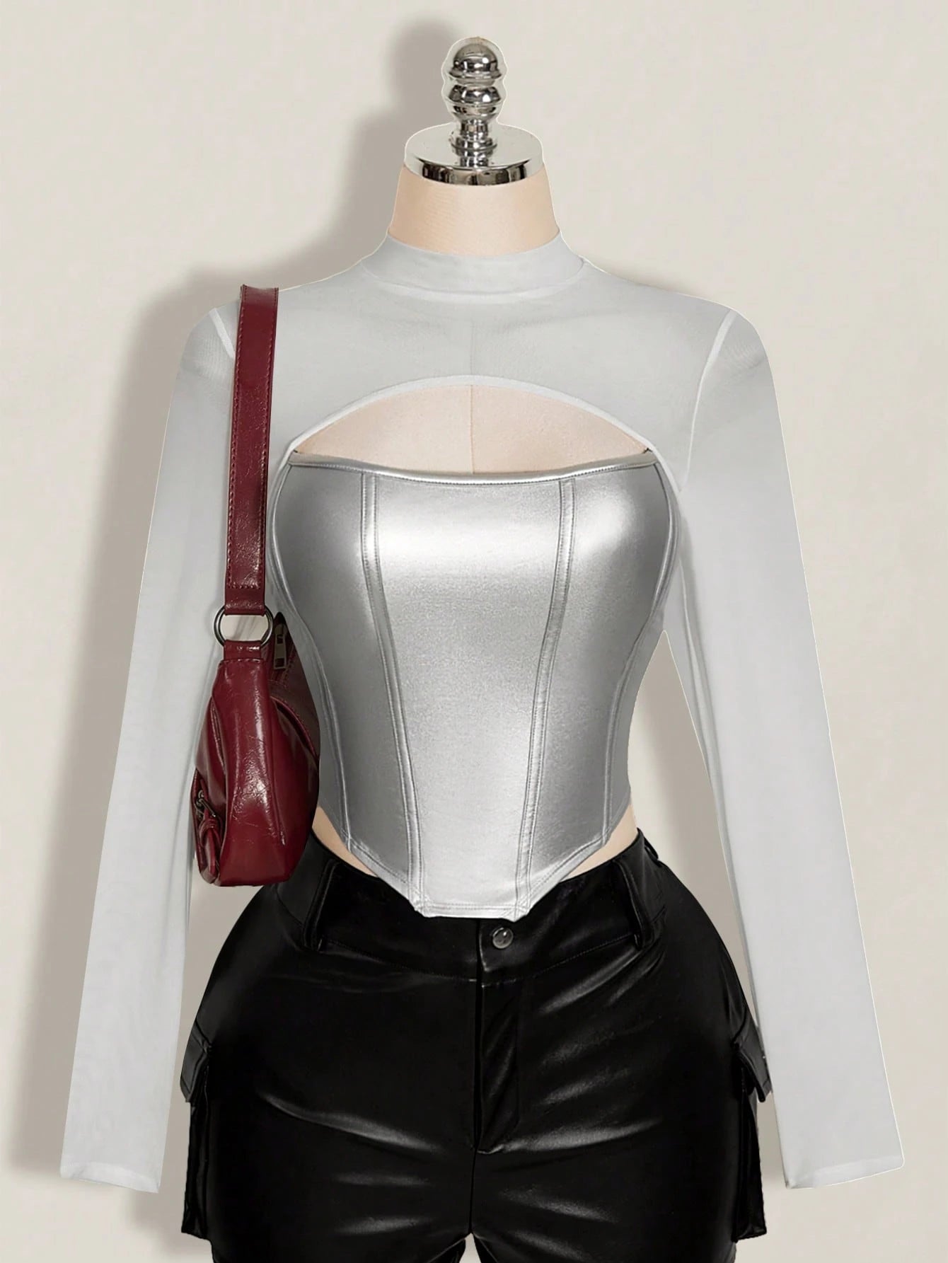 ICON Women's Plus Size Leather Contrast Mesh Black Slim Fit T-Shirt, Autumn/Winter Fall