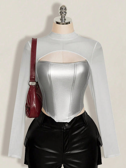 ICON Women's Plus Size Leather Contrast Mesh Black Slim Fit T-Shirt, Autumn/Winter Fall